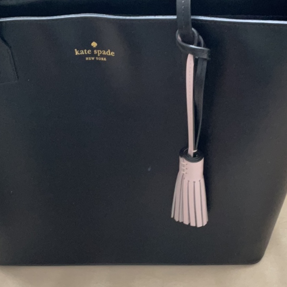 kate spade black leather tote with pink tassel charm - Picture 3 of 3